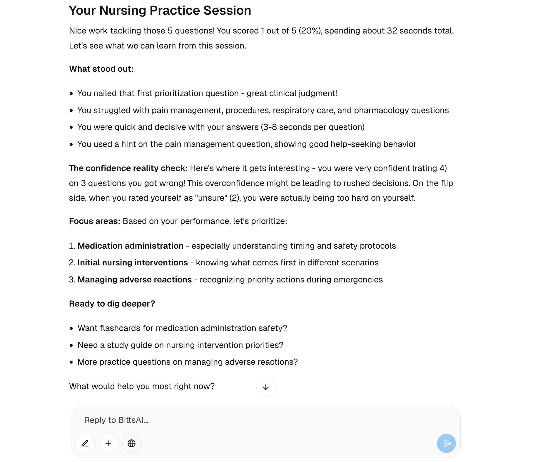 BittsAI personalized analytics showing detailed performance breakdown with specific concept weaknesses identified (Medication administration, Initial nursing interventions, Managing adverse reactions), time spent metrics, confidence level tracking, and actionable recommendations for targeted review, all rendered inline within the chat interface