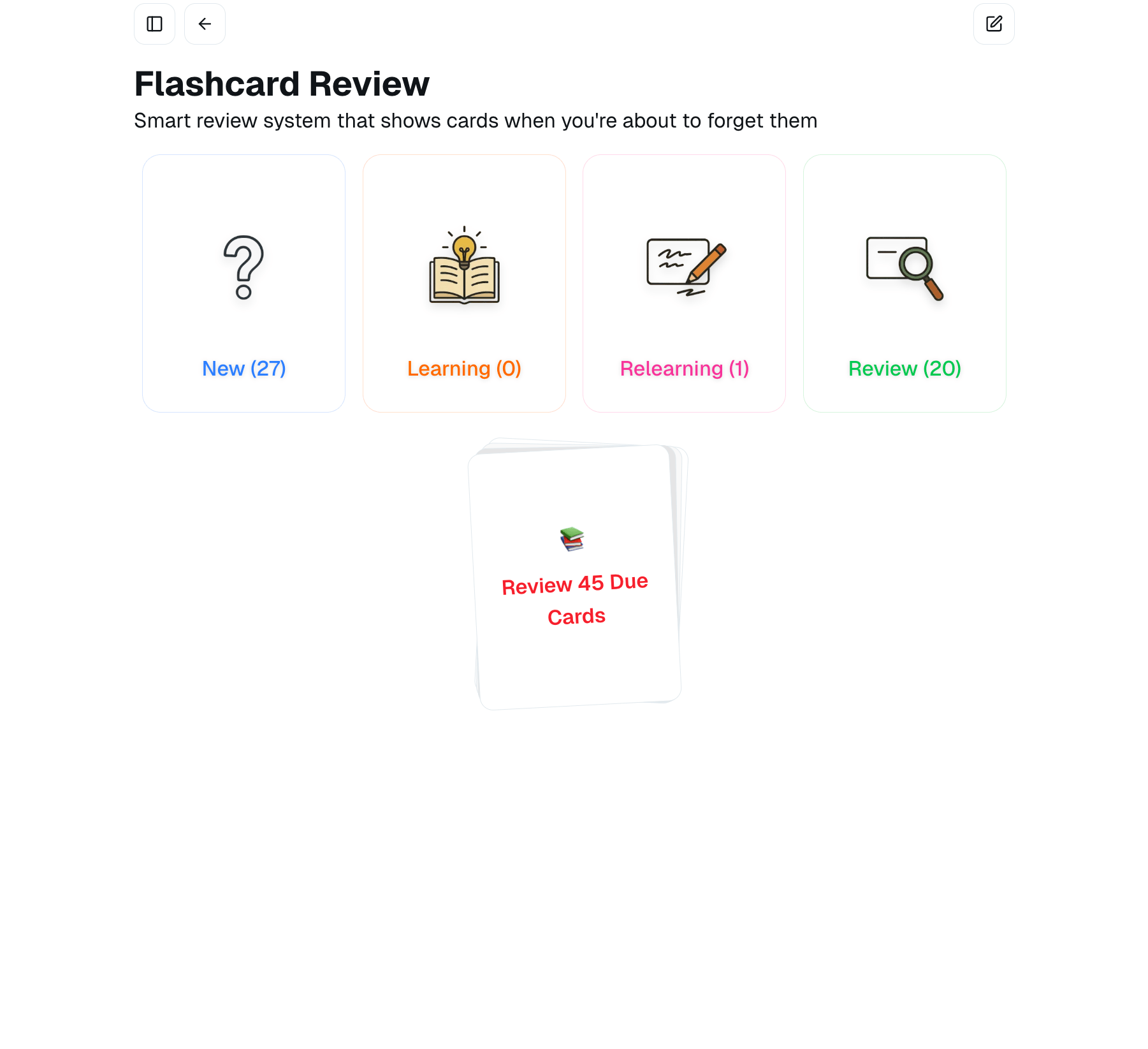 BittsAI flashcard interface with FSRS spaced repetition scheduling showing automatically synced cards from study sessions