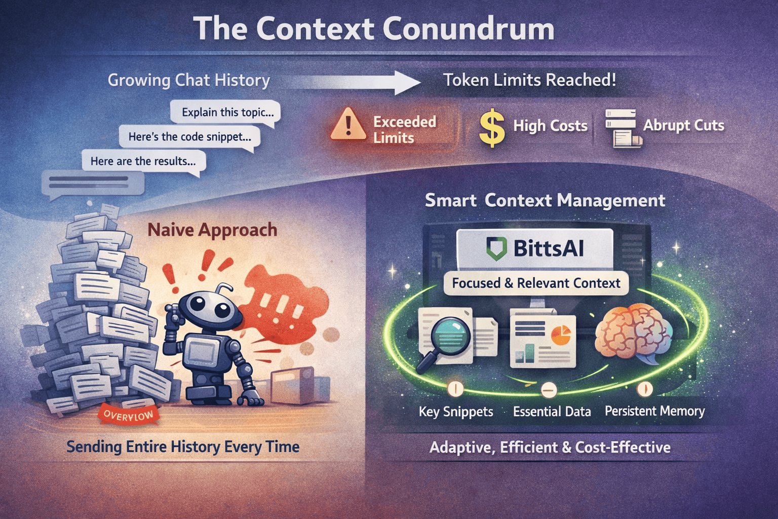 Infographic titled ‘The Context Conundrum’ showing two approaches to LLM chat history. On the left, a naive approach depicts a robot overwhelmed by a growing stack of chat messages, leading to token limit warnings, high costs, and abrupt cuts. On the right, smart context management for BittsAI shows a focused, organized context with selected key snippets, essential data, and persistent memory, emphasizing efficiency and continuity.